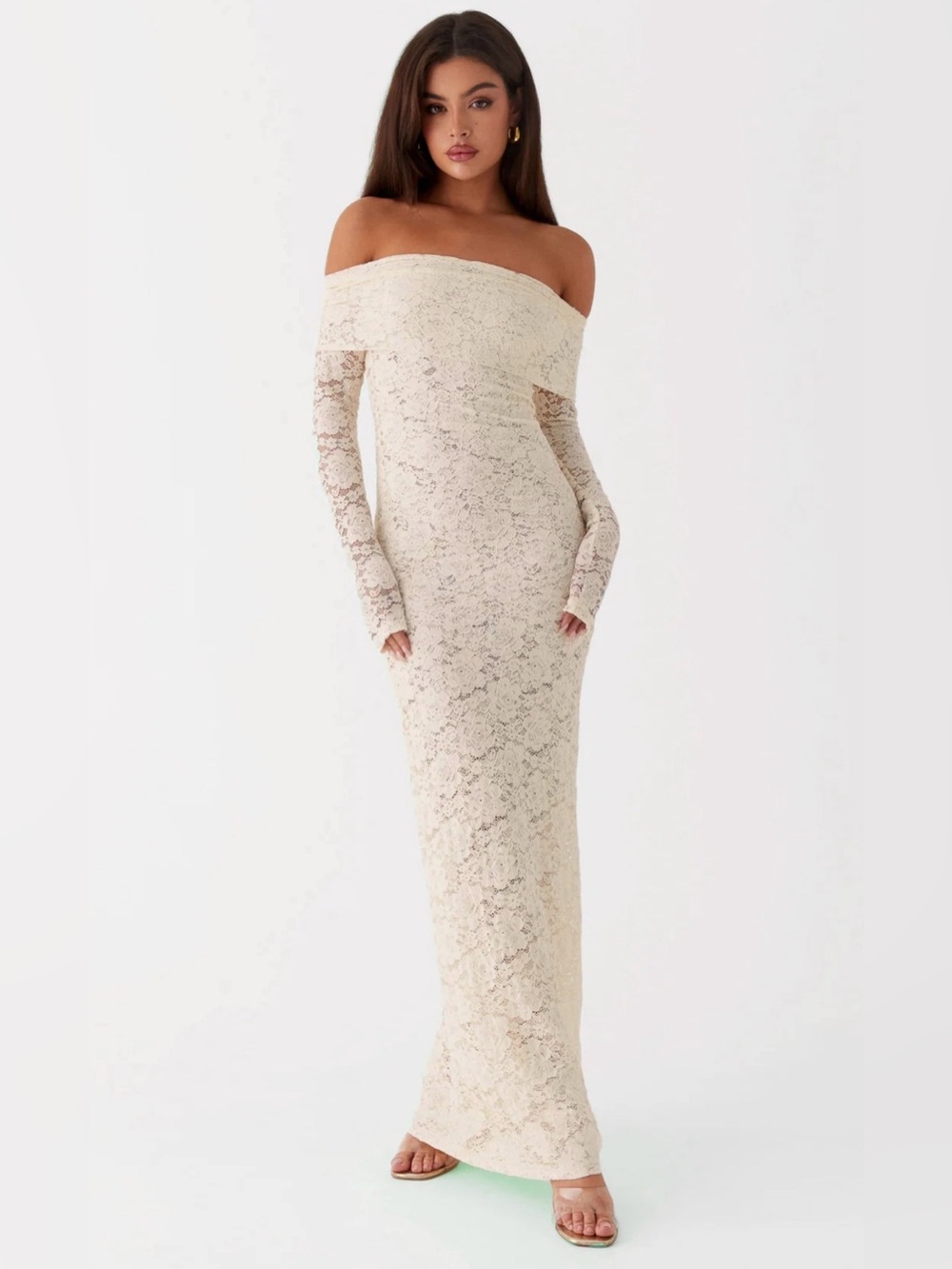 Peppermayo Off-Shoulder Lace Maxi Dress in Cream